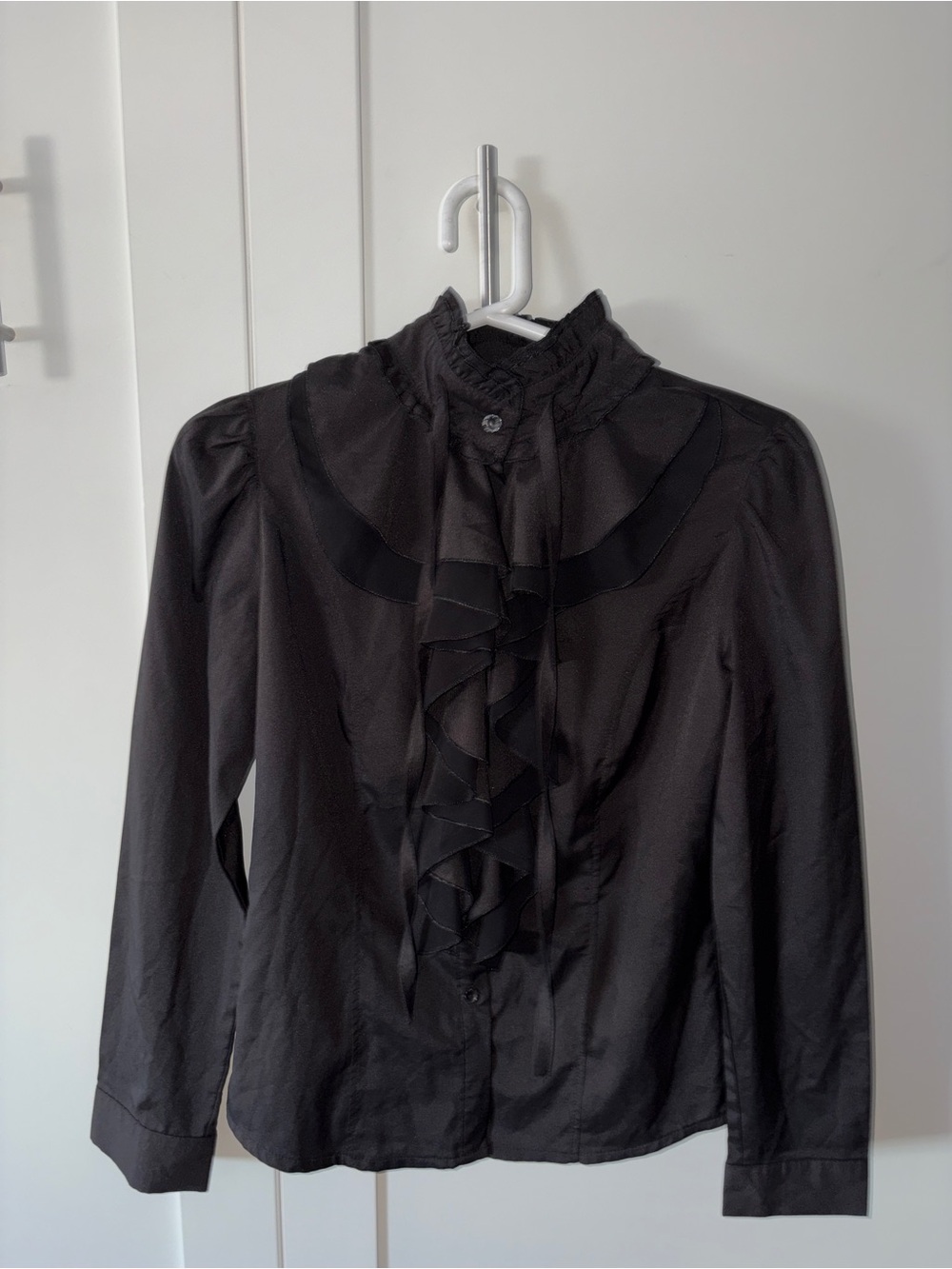 Black Ruffle Front Long-Sleeve Blouse